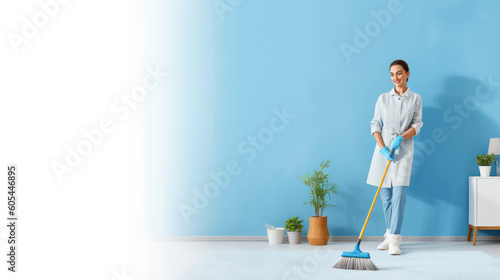 cleaner lady housekeeper, holding a mop and smiling while working in a modern office space