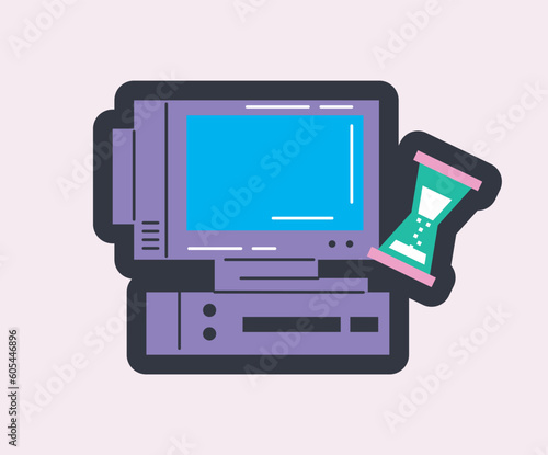 Retro computer sticker. Technology, gadgets and informatic concept. Vintage icon with monitor and hourglass. Badge for social media and prints. Cartoon flat vector illustration on white background