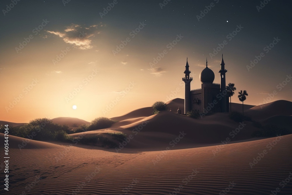 A desert landscape with a mosque beside the crescent moon. Generative AI