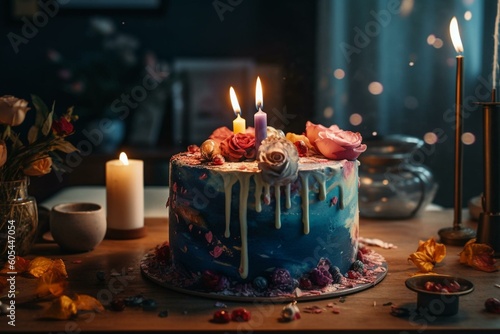 Adorable watercolor cake with lit candles. Generative AI