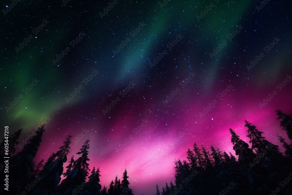 Stunning aurora and stars in the magenta sky. Plenty of room for text. Generative AI