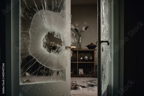Damaged doors from burglary. Home insurance. Generative AI