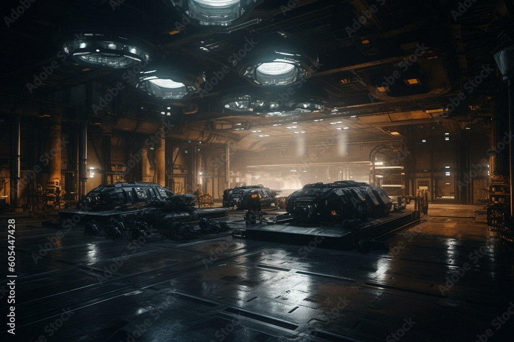 A detailed spaceship hangar explored with maintenance robots in a stunning Unreal Engine 5 composition. Depth and width emphasized. Generative AI