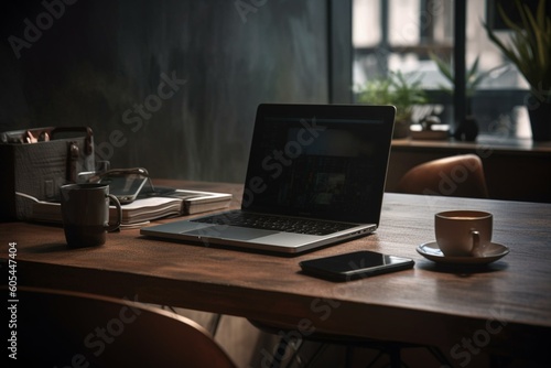 Contemporary workspace with coffee & laptop, symbolizing efficency and productivity in work-at-home. Generative AI © Charles