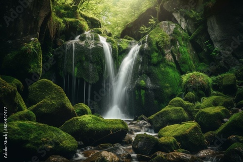 A waterfall surrounded by rocks covered in green moss. Generative AI