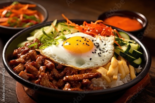 Bibimbap sometimes romanized as bi bim bap Food photography photo