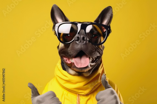 Portrait of a funny dog, a French bulldog in sunglasses, looking into the camera and giving a thumbs up. A sign of excellent work, isolated yellow background. Generative AI.  © Нина Башарова