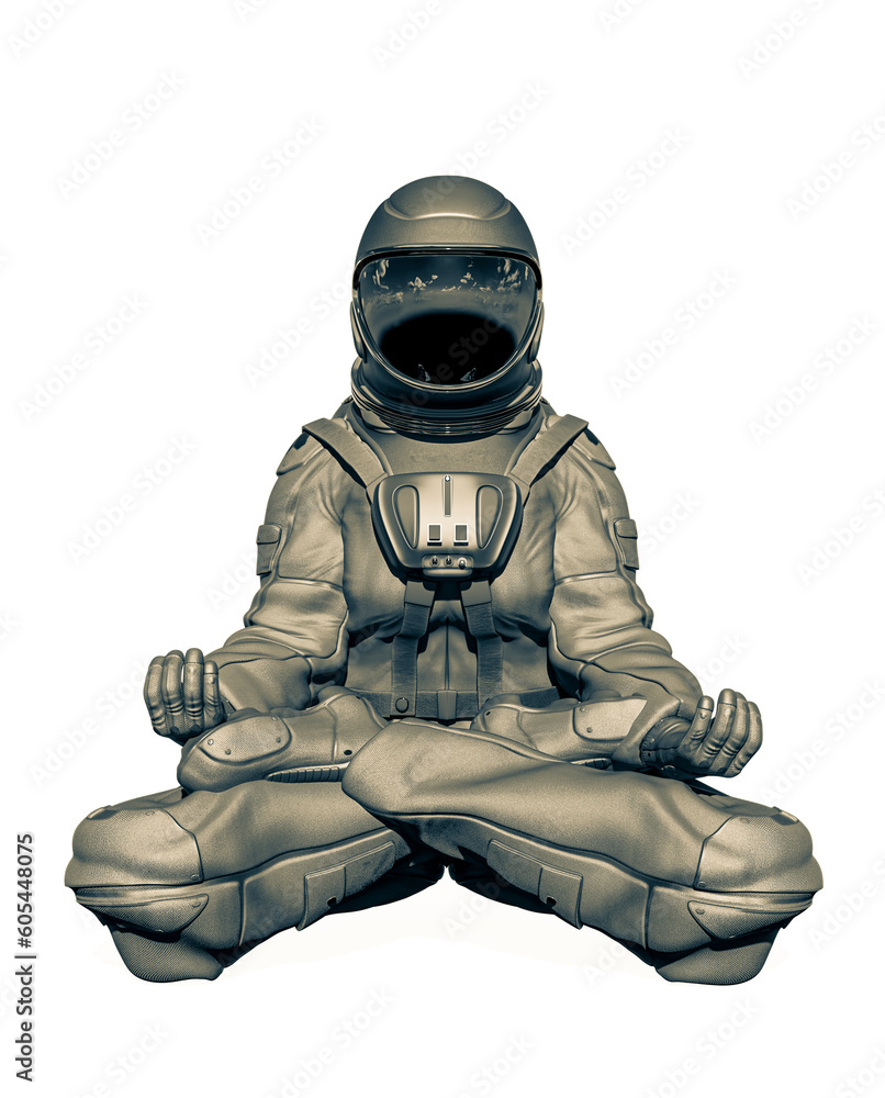 astronaut is doing a lotus yoga pose on white background
