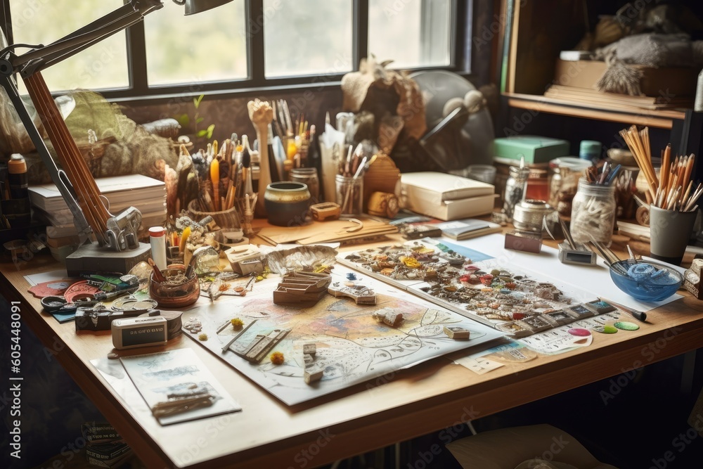 DIY-inspired creative business desk with a variety of craft materials, tools, and project prototypes, embodying a hands-on and experimental approach to creativity and problem-solving - Generative AI