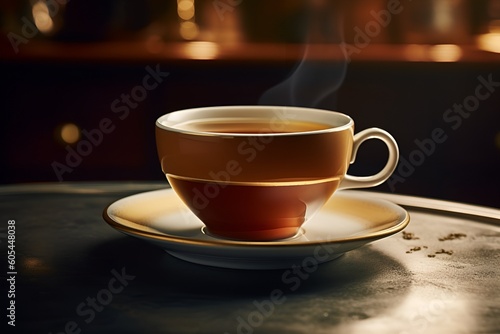 A delicious cup of tea with light steam coming from the top. A nice cup and saucer set with a home in the background. Generative AI.