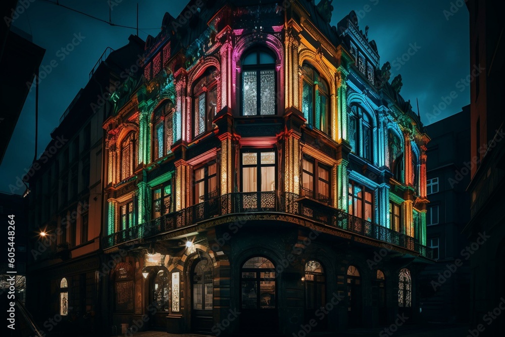 A blend of old and new architecture with vibrant colors and lights. Generative AI