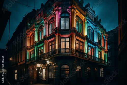 A blend of old and new architecture with vibrant colors and lights. Generative AI