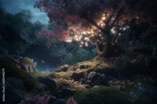 Landscape of enchanted forest with large blossom. Generative AI