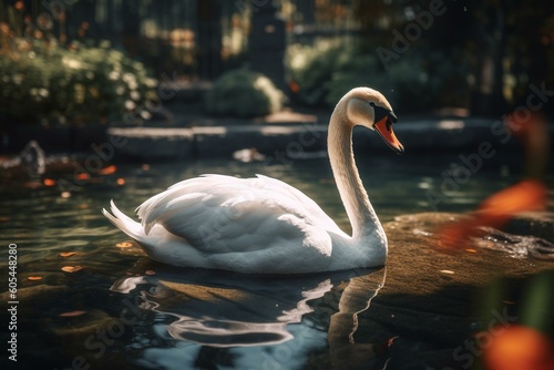 A pretty swan swimming in a sunny pond amidst a charming garden. Generative AI