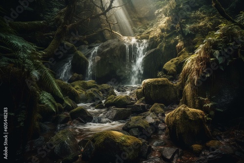 lush waterfall amidst rocky mossy terrain. Generative AI