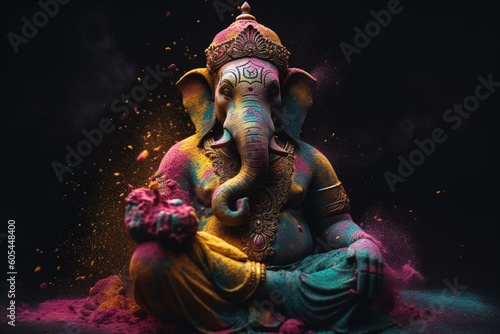 An illustration of the Hindu deity Ganesha surrounded by colorful Holi dust on a dark background. Generative AI