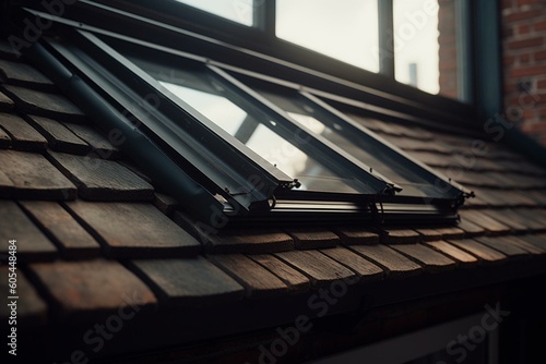 Close-up of a new roof window with roller shutter. Generative AI