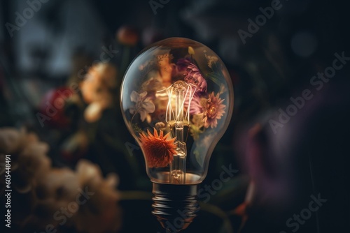 Flower design inside light bulb. Generative AI