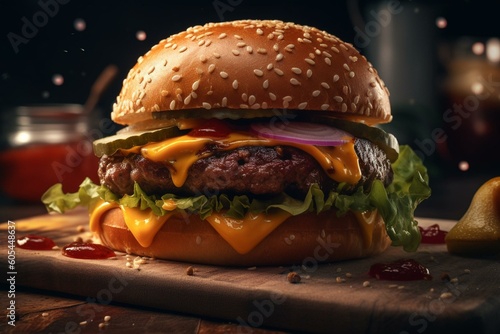 Mouth-watering burger. Perfect for ads & promotions. Illustrative design. Generative AI