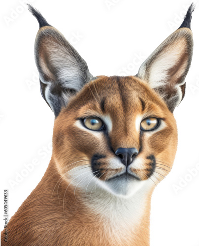 Close up portrait of a caracal cat isolated on white background as transparent PNG, generative AI animal © Flowal93