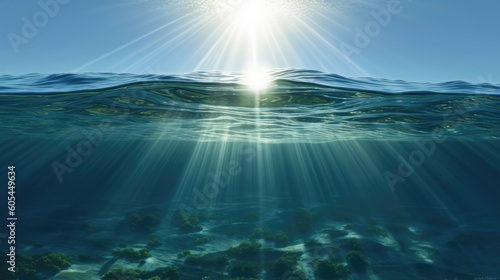 Sunlight over ocean water. The rays of the sun are reflected and refracted in the water  highlighting the underwater world and floating creatures.