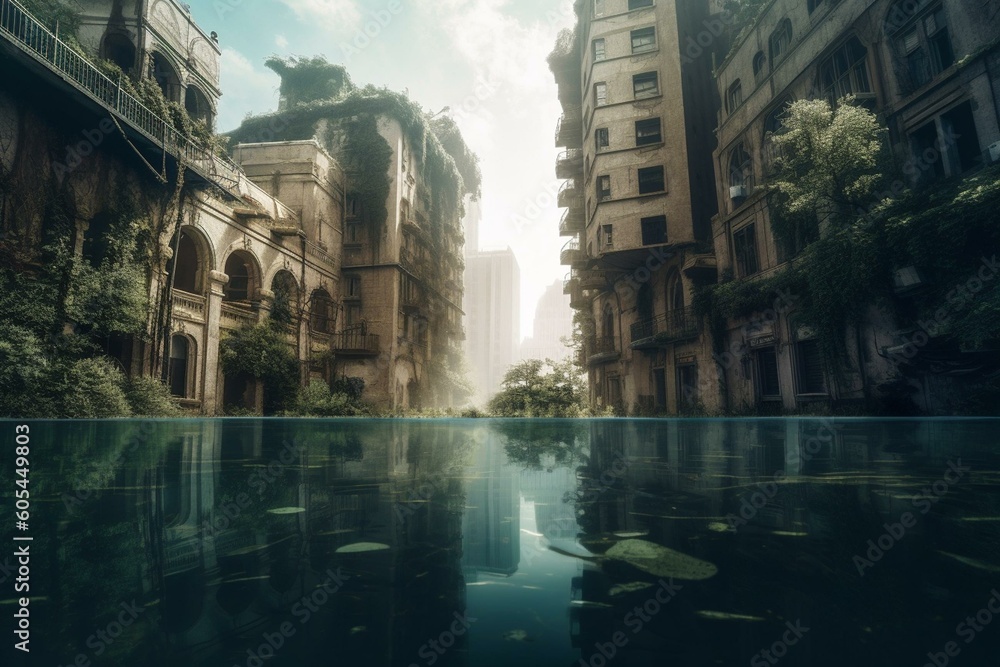 Imaginary submerged landscape featuring abandoned metropolis. Generative AI