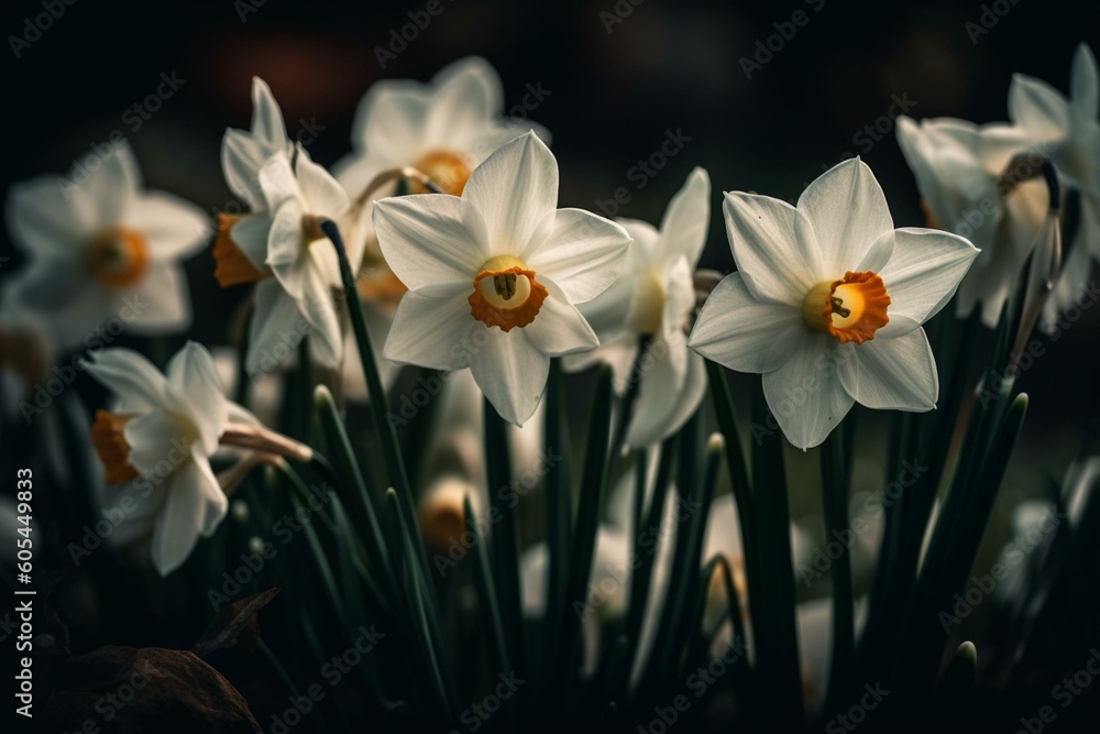 Closeup of French narcissus blossoms on record plateau. Generative AI - obrazy, fototapety, plakaty 