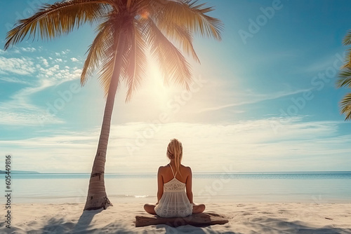 Calm woman sitting alone on a seashore during beach vacations on an exotic island created with Generative AI