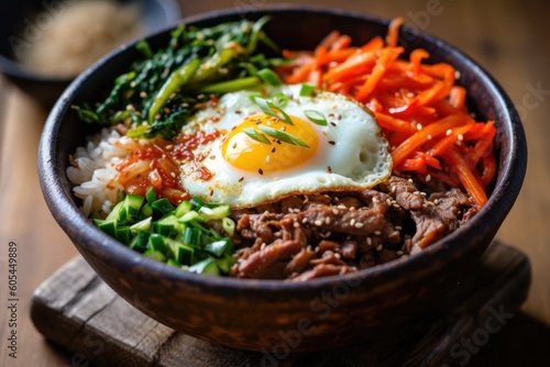 Bibimbap sometimes romanized as bi bim bap Food photography photo