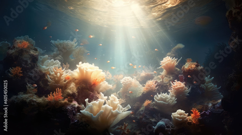 Colorful coral reefs and other underwater plants are illuminated by the sun s rays breaking through the ocean water.