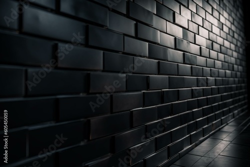 3D render of a semigloss black mosaic tile wall with stacked polished bricks for a 3D block background. Generative AI