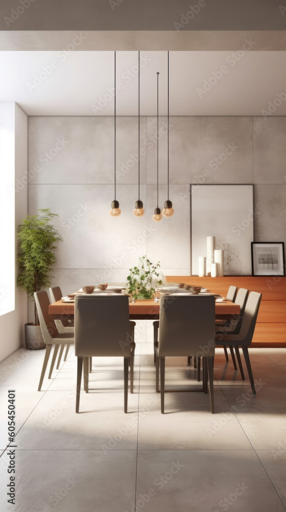 modern and inviting dining space, with the full body dining table as the focal point. The background features a wall finished in a muted taupe tone modern and inviting dining space, with the full body dining table as the focal point. The background features a wall finished in a muted taupe tone