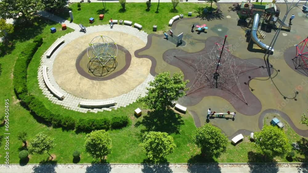 aerial photography of drones in park of Batumi Boulevard Lekha and Maria Kaczynski. This park has many facilities for children, as well as children's playground by sea on sunny day. View city Batumi aerial photography of drones in park of Batumi Boulevard Lekha and Maria Kaczynski. This park has many facilities for children, as well as children's playground by sea on sunny day. View city Batumi