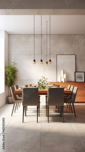 modern and inviting dining space  with the full body dining table as the focal point. The background features a wall finished in a muted taupe tone