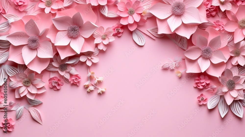 3D Paper Cut Flower Frame Offering a Whimsical Pink Background, space for copy 3D Paper Cut Flower Frame Offering a Whimsical Pink Background, space for copy