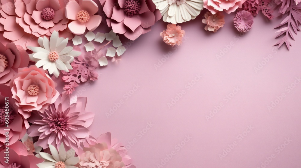 Intricate 3D Pink Paper Cut Flower Frame Creating a Charming Pink Canvas, space for copy Intricate 3D Pink Paper Cut Flower Frame Creating a Charming Pink Canvas, space for copy