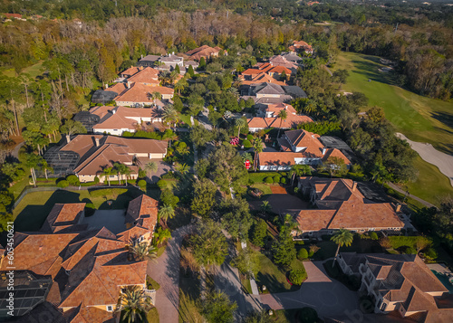 Aerial view of row of ultra luxury homes on the golf course in Lake Mary, Orlando, Florida. photo