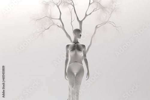 Nature and beauty concept. Beautiful and surreal woman body shape and tree silhouettes in white background with copy space. Generative AI