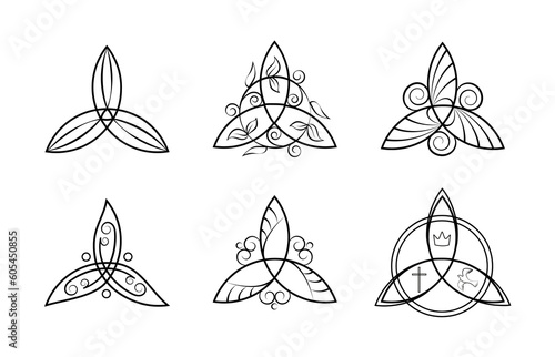 Christian symbol of the Trinity. Triquetra symbol. Trinity knot with decor. Ancient Celtic symbol of eternity. Vector logo