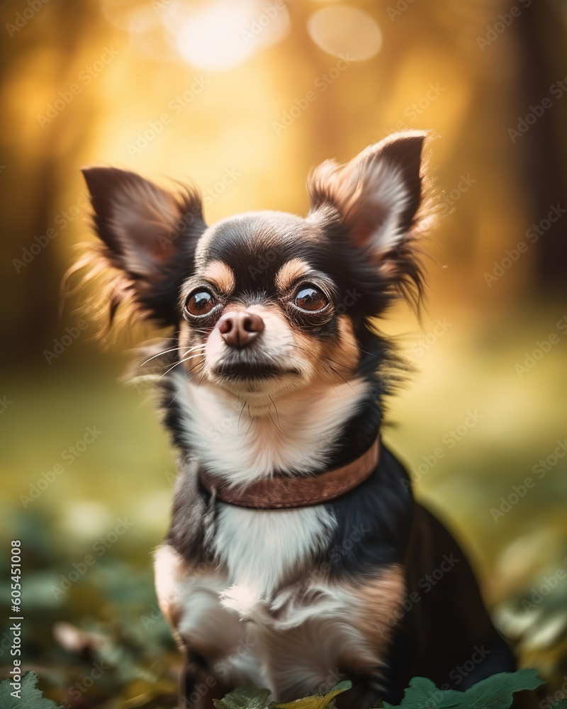 Chihuahua are a small breed of dog known for their energetic and playful nature, smiling portrait in park, generative ai 