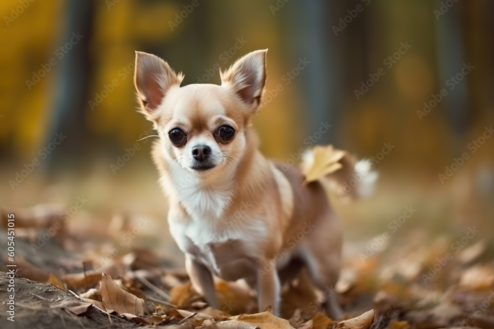 Chihuahua are a small breed of dog known for their energetic and playful nature, smiling portrait in park, generative ai Chihuahua are a small breed of dog known for their energetic and playful nature, smiling portrait in park, generative ai