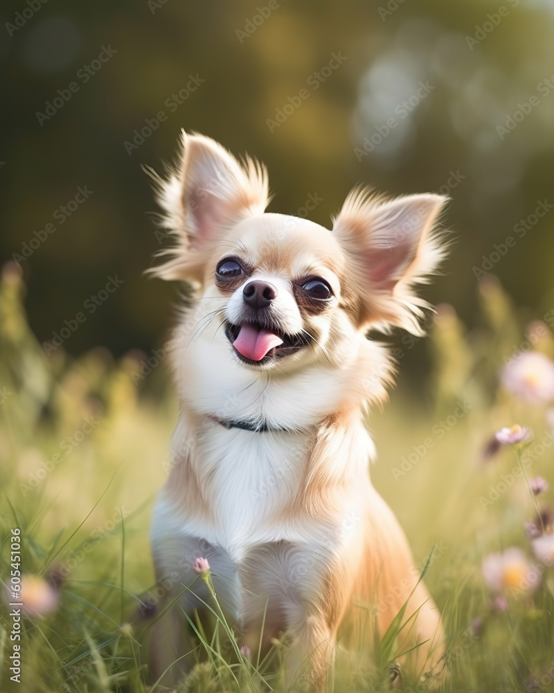 Chihuahua are a small breed of dog known for their energetic and playful nature, smiling portrait in park, generative ai 