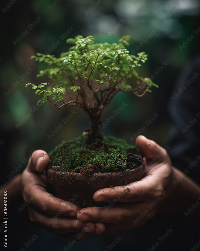 close-up of the  human hand is holding plant, generative ai 