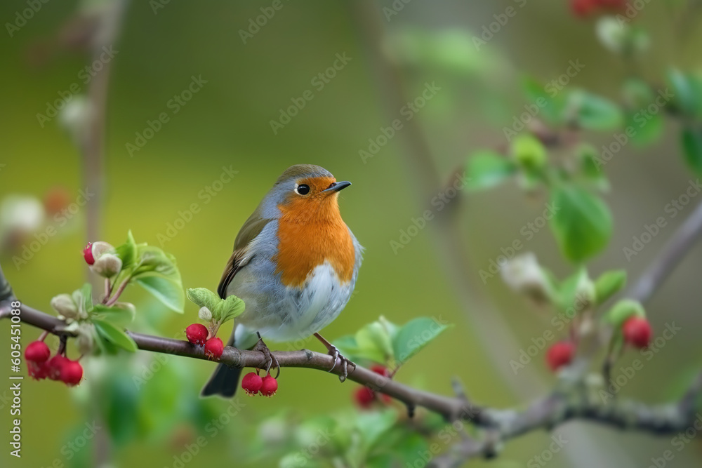 Cute small robin on a flowery berry branch at spring, generative ai Cute small robin on a flowery berry branch at spring, generative ai