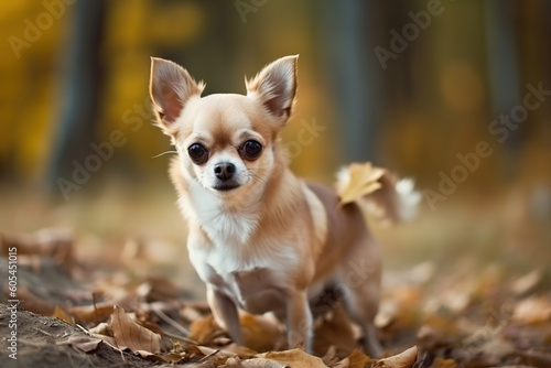 Chihuahua are a small breed of dog known for their energetic and playful nature  smiling portrait in park  generative ai 