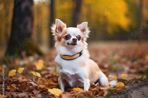 Chihuahua are a small breed of dog known for their energetic and playful nature, smiling portrait in park, generative ai 