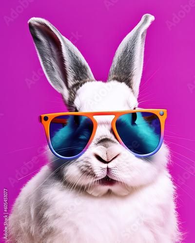 cool bunny with sunglasses on colorful background, generative ai 