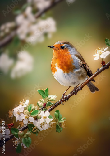 Cute small robin on a flowery berry branch at spring, generative ai 