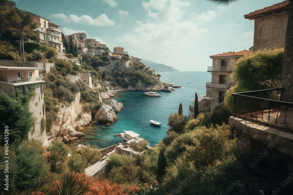 Picturesque urban scenery overlooking the tranquil Mediterranean waters. Generative AI