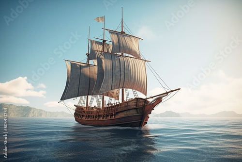 A 3D rendering of an ancient pirate vessel with sails billowing. Isolated. Generative AI